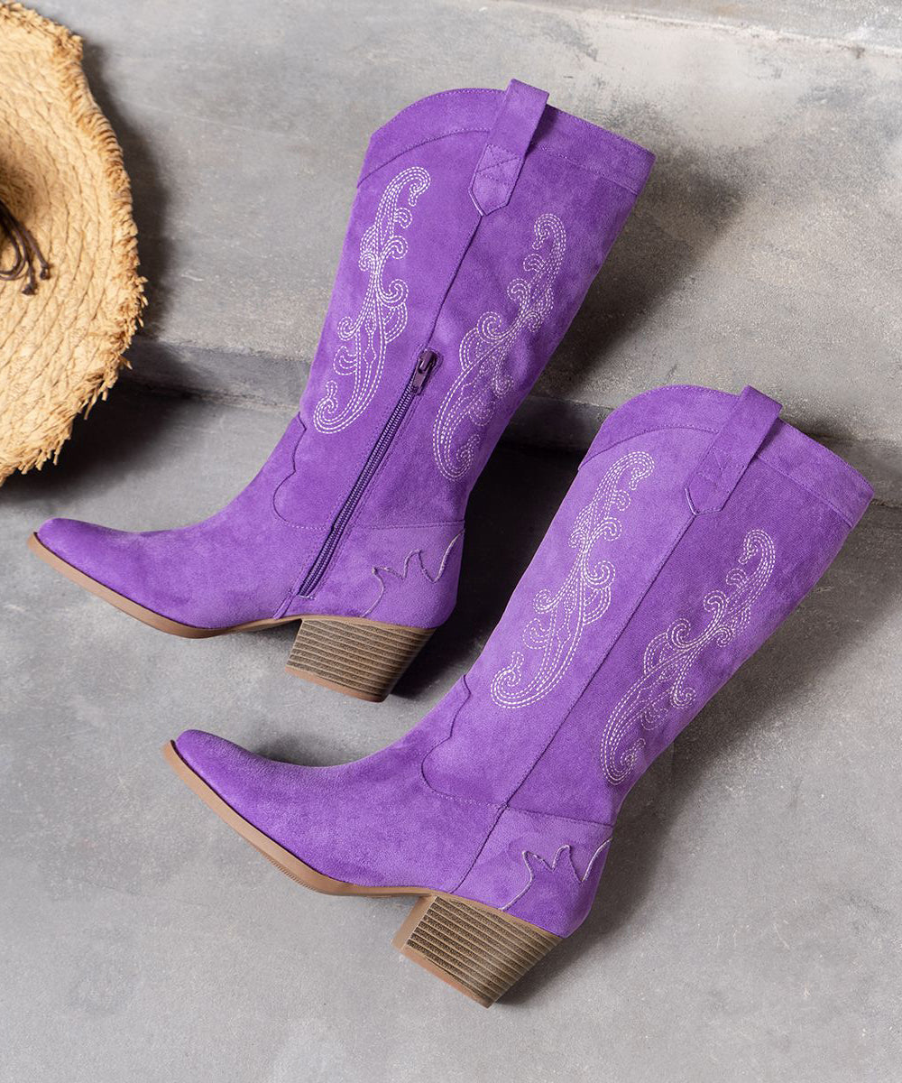 New Purple Embossed Zippered Boots Chunky Suede Pointed Toe Boots