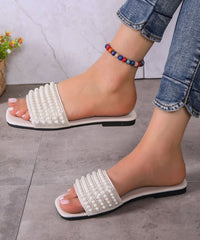 White Faux Leather Nail Bead Splicing Slide Sandals