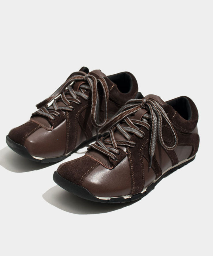 Coffee Cowhide Leather Comfy Splicing Lace Up Flat Shoes