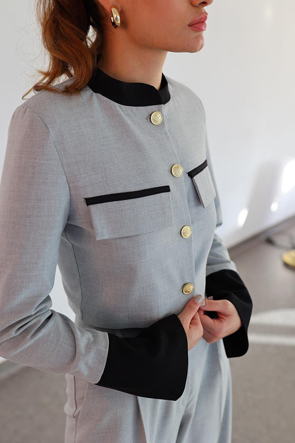 Contrasting Cropped Long Sleeve Top and Pocket Straight Leg Pants Set