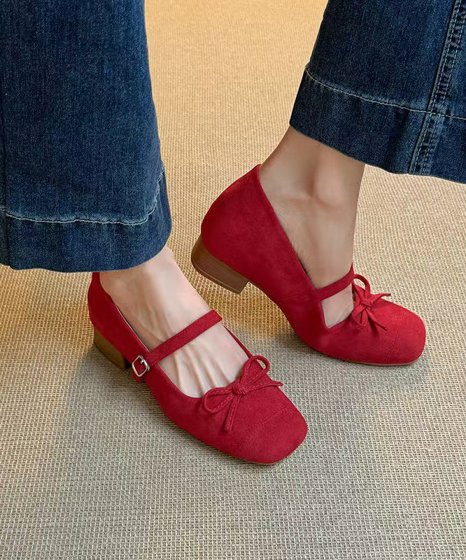 Red Buckle Strap Bow Splicing Chunky Shoes Suede