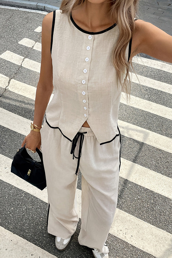 Color-blocked Trim Sleeveless Button Vest and Elastic Waist Pocket Casual Wide-leg Pants Suit