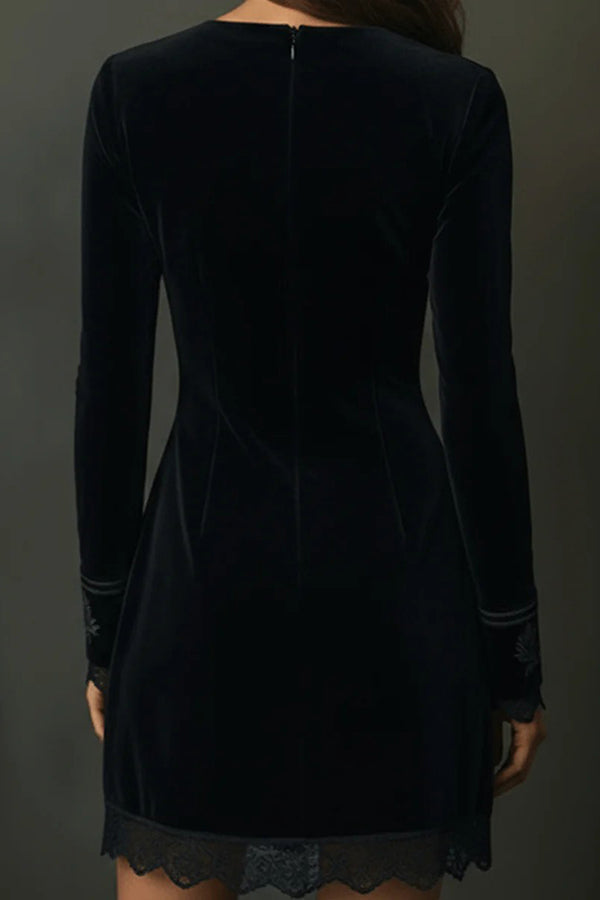 Velvet V-neck Long-sleeved Lace-trimmed Mini Dress