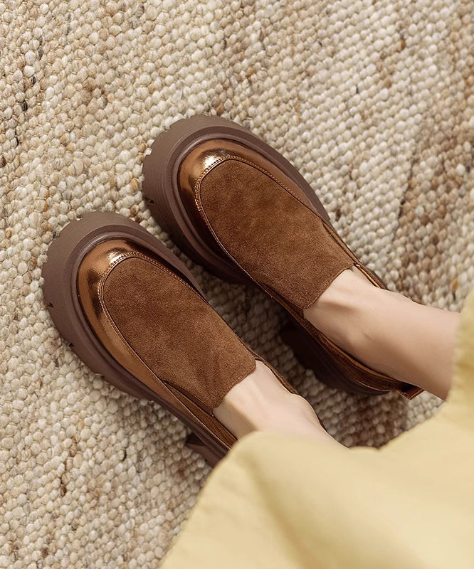 Brown Cowhide Leather Loafer Shoes Splicing Platform