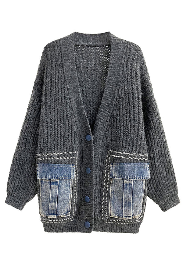 Loose Spliced denim Pocket Knitted Sweater Cardigan