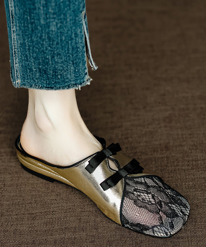 Handmade Silver Hollow Out Lace Splicing Cowhide Leather Slide Sandals