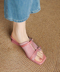 Handmade Splicing Chunky Pink Suede Slide Sandals