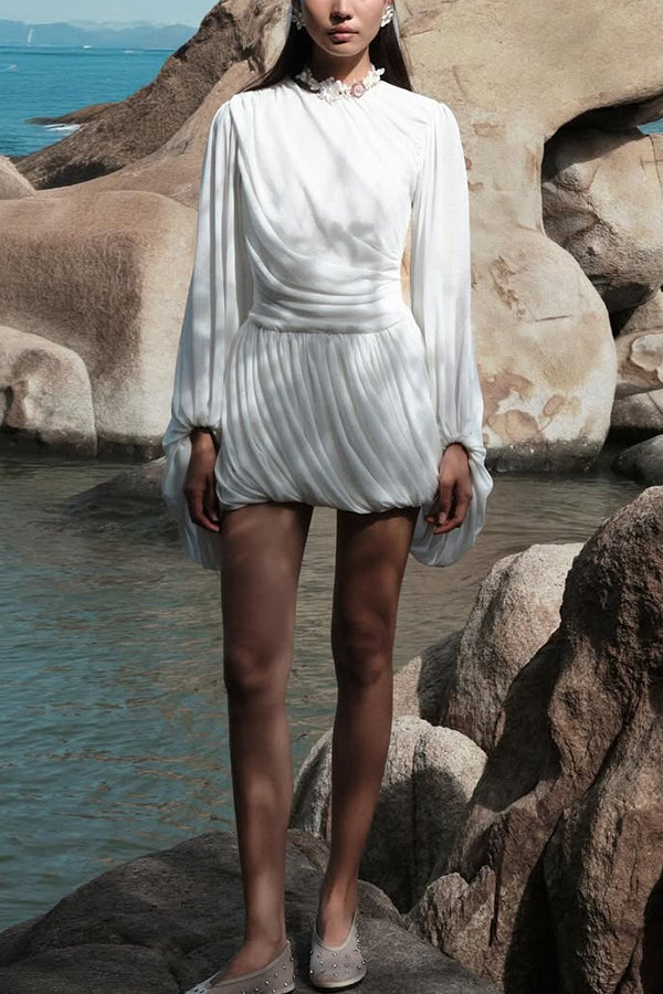 Solid Color Round Neck Lantern Long Sleeve Pleated Casual Mini Dress