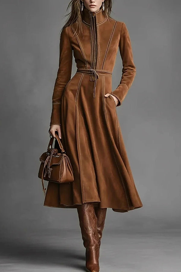 Suede Long-sleeved Fitted Waist Belted Midi Dress