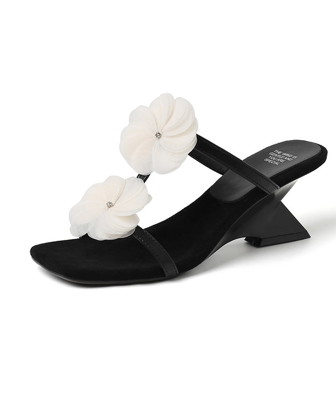 Black Cowhide Leather Splicing Wedge Heel Slide Sandals Floral Peep Toe