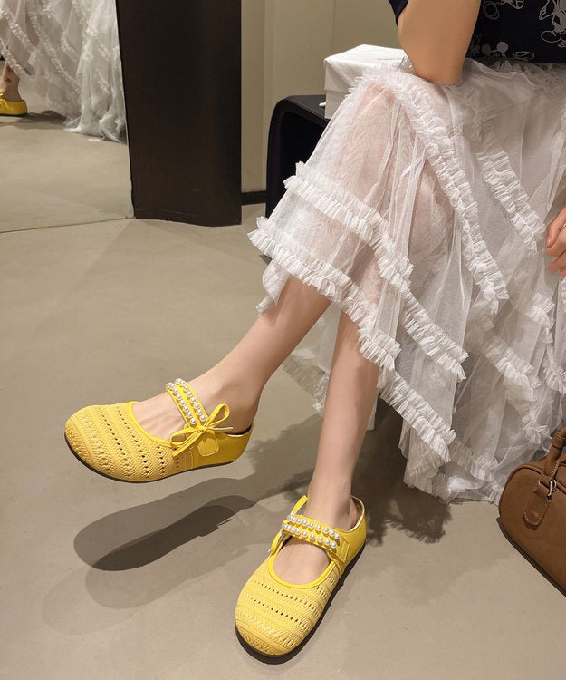 Beige Knit Breathable Splicing Nail Bead Platform Slide Sandals