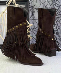 Bohemian Khaki Suede Tassel Splicing Boots Pointed Toe