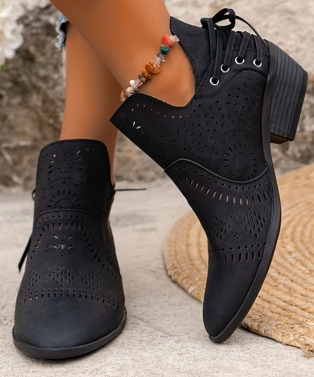 Brown Boots Chunky Faux Leather Solid Hollow Out Ankle Boots