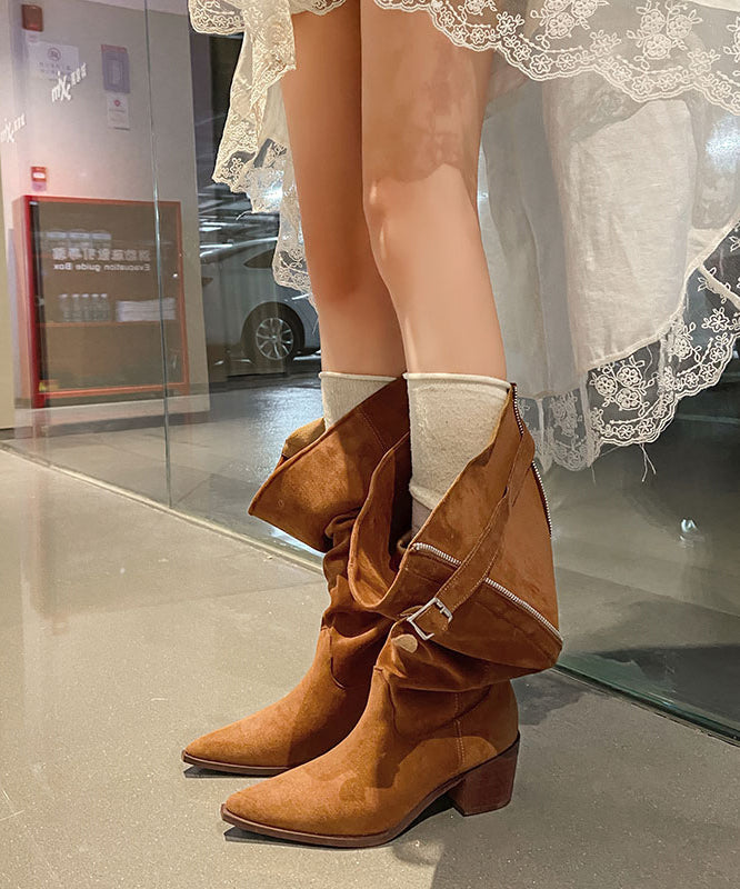 Splicing Chunky Boots Brown Cowhide Leather