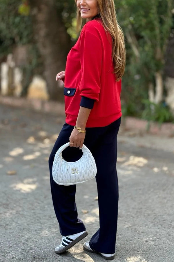 Color-blocked V-neck Knitted Button-down Cardigan and Elastic Waist Casual Wide-leg Pants Set