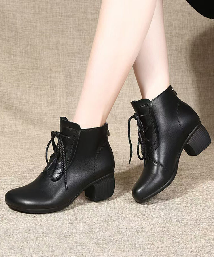 Black Chunky Cowhide Leather Comfy Splicing Boots Lace Up