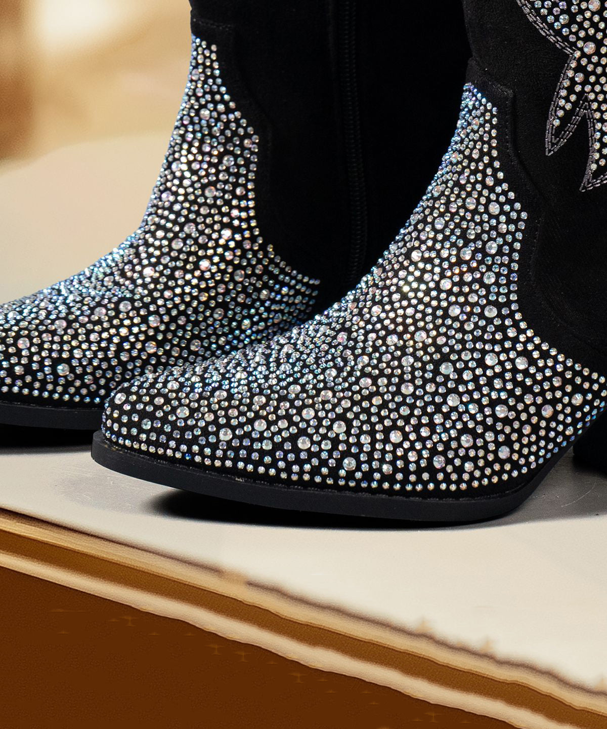 Handmade Black Zircon Zippered Suede Pointed Toe Chunky Boots