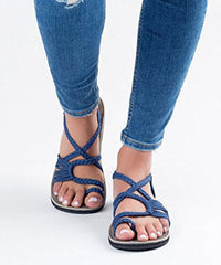 Cross Strap Black Flat Sandals Knit Fabric Hollow Out Walking Sandals