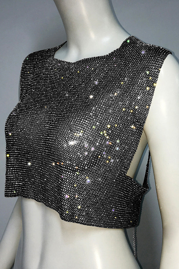 Metallic Rhinestone Backless Chain Vest