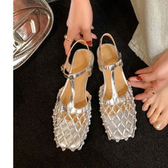 French Hollow Out Buckle Strap Silver Sandals