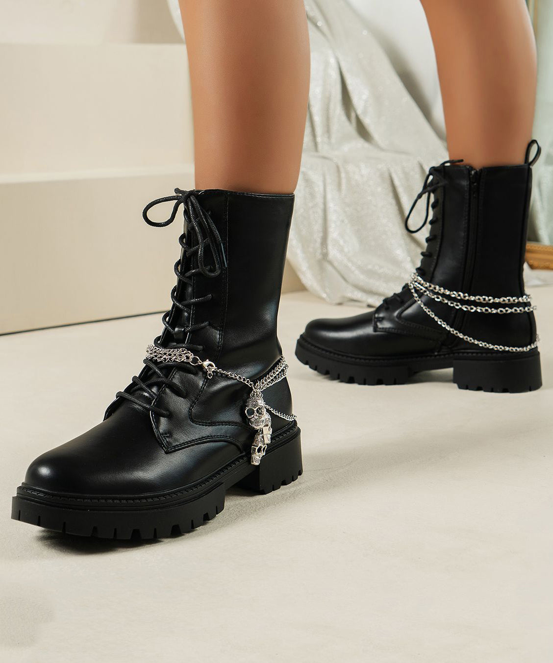 Black Chain Linked Faux Leather Boots Lace Up Platform Boots