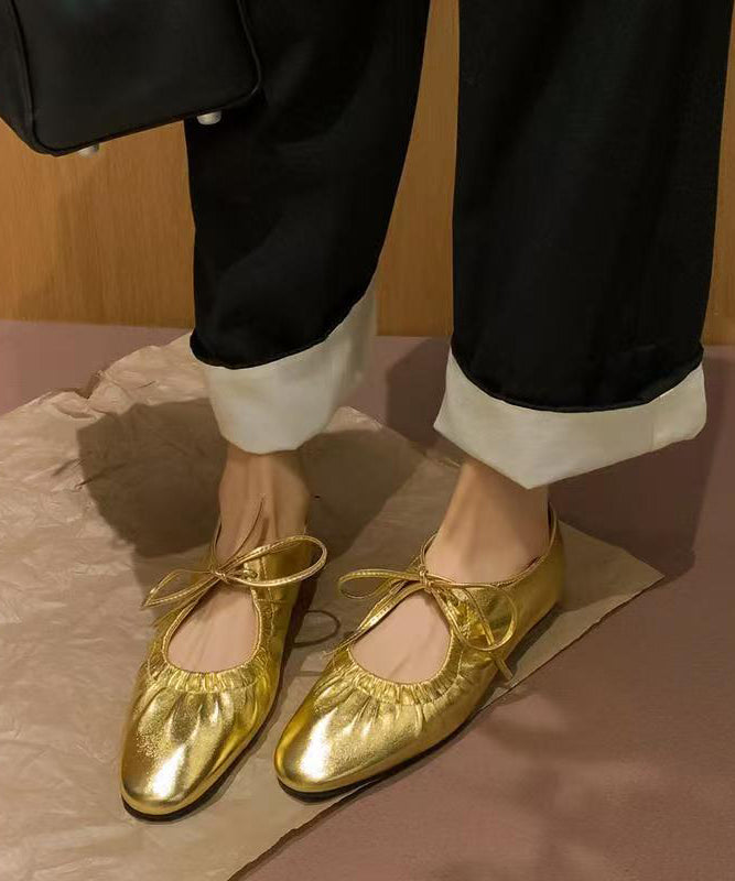 Gold Lace Up Faux Leather Splicing Flat Shoes Women