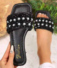French Nail Bead Splicing  Black Faux Leather Slide Sandals