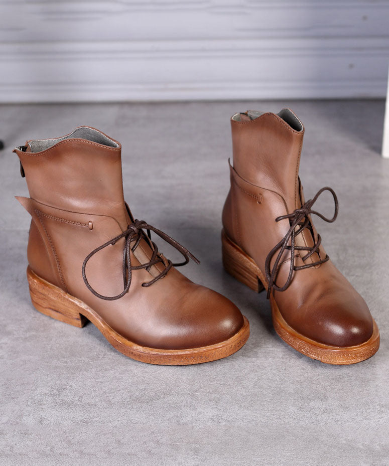 Coffee Lace Up Zippered Splicing Handmade Chunky Boots