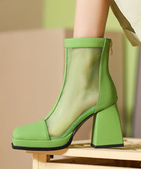 Green Faux Leather Thin Boots Splicing Tulle