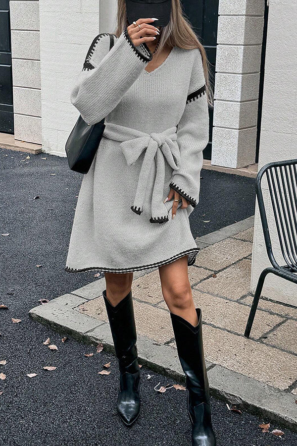 Loose-fitting Long-sleeved Tie-waist Knit Mini Dress