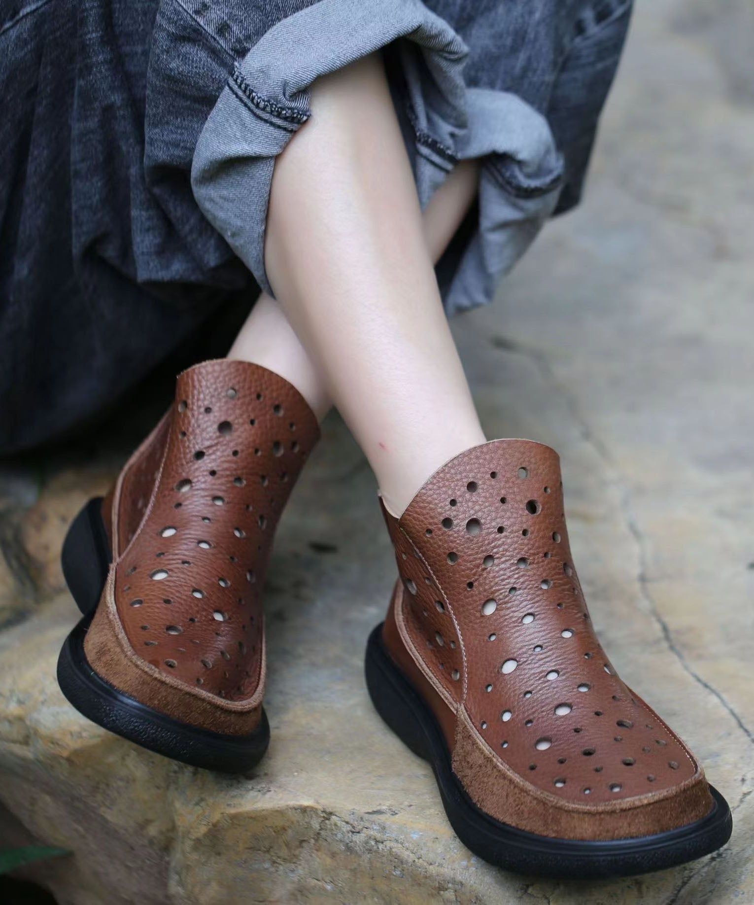 Cowhide Leather Boots Handmade Splicing Hollow Out Brown