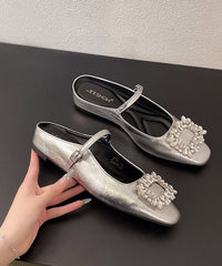 French Zircon Splicing Silver Faux Leather Slide Sandals