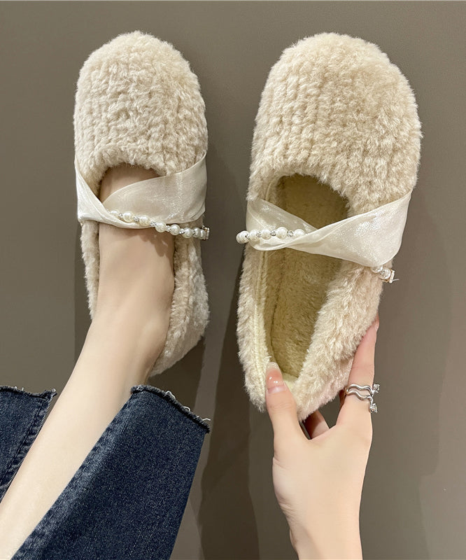 French Apricot Fuzzy Fur Splicing Flat Shoes For Women