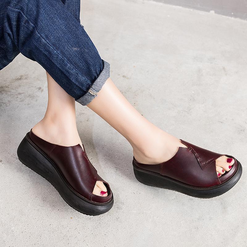 Sewing Platform Casual Leather Slippers