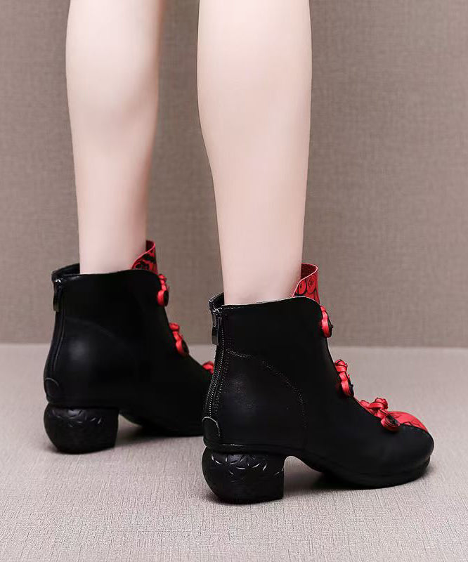 Black Cowhide Leather Splicing Boots Fuzzy Wool Lined