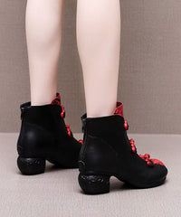 Black Cowhide Leather Splicing Boots Fuzzy Wool Lined