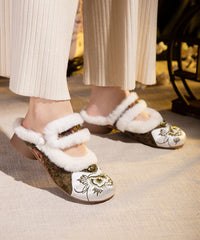 Red Slippers Shoes Embroidery Fuzzy Wool Lined