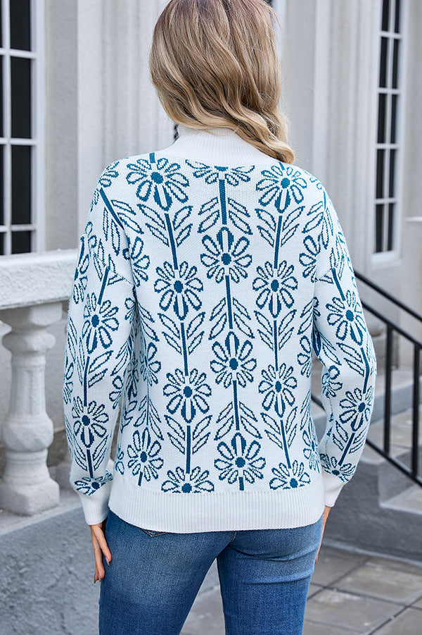 Floral Knitted Turtleneck Loose Sweater
