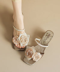 Brown Cowhide Leather Floral Splicing Chic Slide Sandals Peep Toe