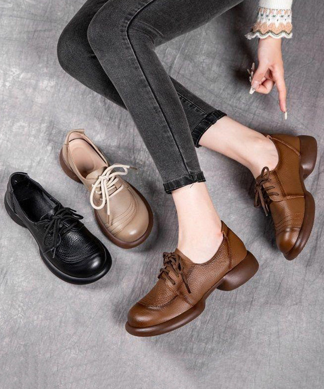 Brown Cowhide Leather Lace Up Splicing Flat Shoes For Women