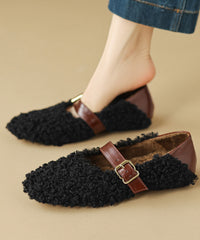 Comfortable Fuzzy Wool Lined Splicing Flats Brown Buckle Strap