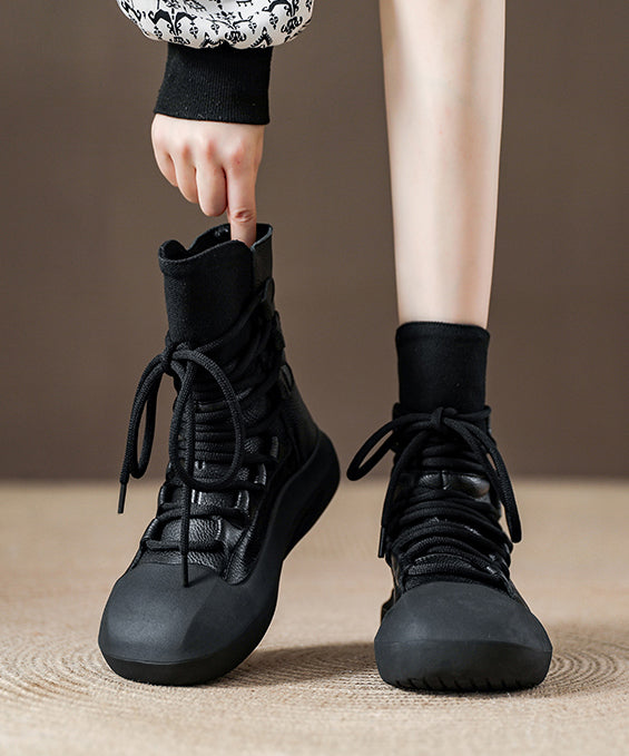 Casual Splicing Platform Boots Black Cowhide Leather Lace Up