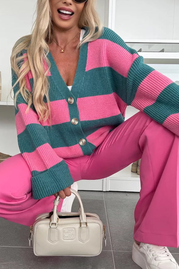 Contrast Striped Casual V-neck Long-sleeved Knitted Cardigan