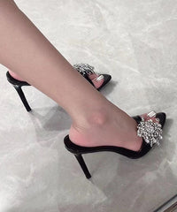 Black Stiletto Faux Leather Slide Sandals Zircon