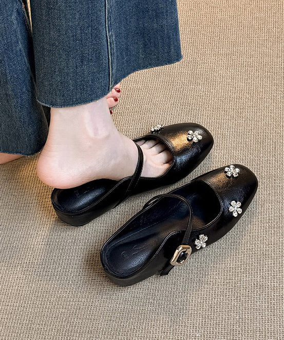 Boutique Splicing Wedge Black Faux Leather Slide Sandals Zircon