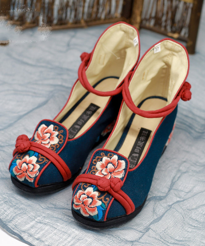 Blue High Wedge Heels Shoes Wedge Embroideried Comfy Cotton Fabric Buckle Strap High Wedge Heels Shoes