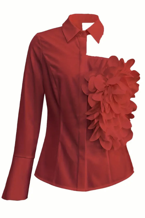 Three-dimensional Floral Collared Single-sleeve Casual Shirt