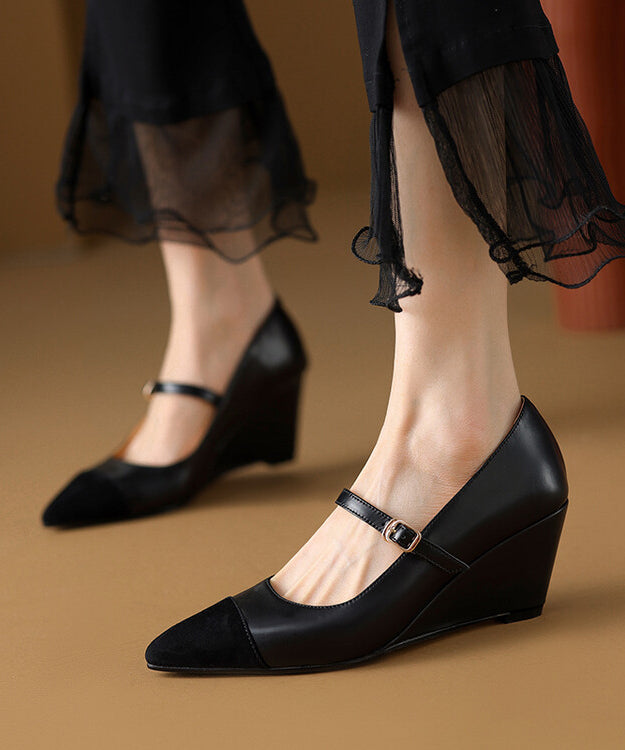 Classy Black Cowhide Leather Wedge Heels Shoes Splicing Buckle Strap