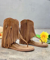 Tasseled Rivet Splicing Wedge Thong Sandals Apricot Suede