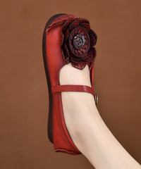 Cowhide Leather Flat Shoes For Red Splicing Floral Buckle Strap